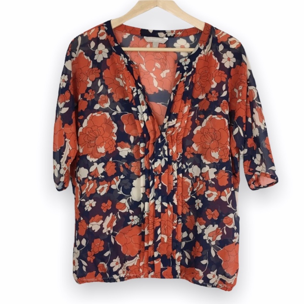 Banana Republic Womens Size Small S Navy Blue Red Tan Floral Blouse Top Shirt